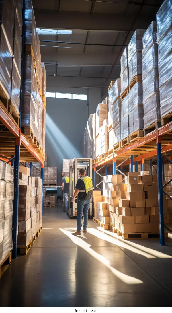 Warehouse workers in a modern warehouse with a high reach forklift