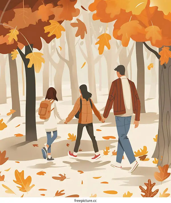 Family Walking In The Autumn Forest