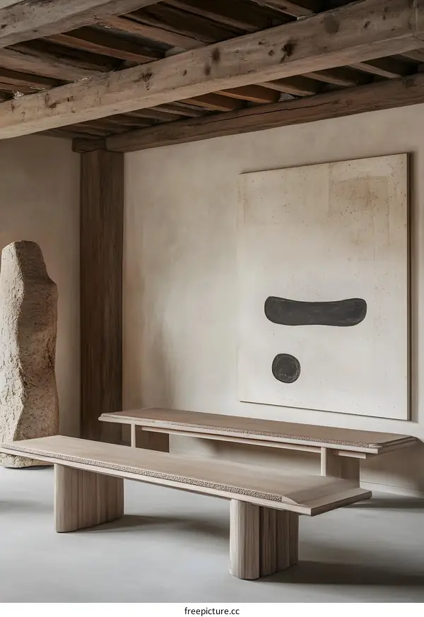 Minimalist Modern Interior Design with Wooden Beams and Abstract Artwork