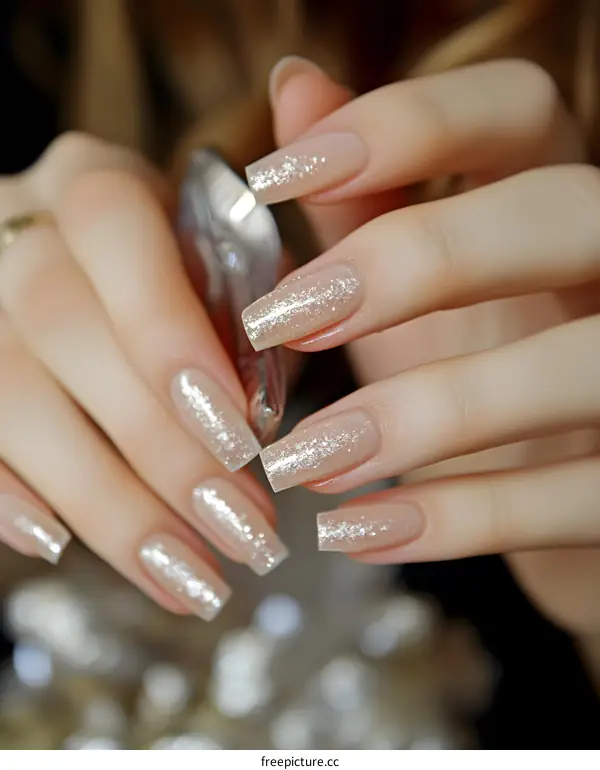 Closeup of Female Hands with Glittery Square Shaped Nails