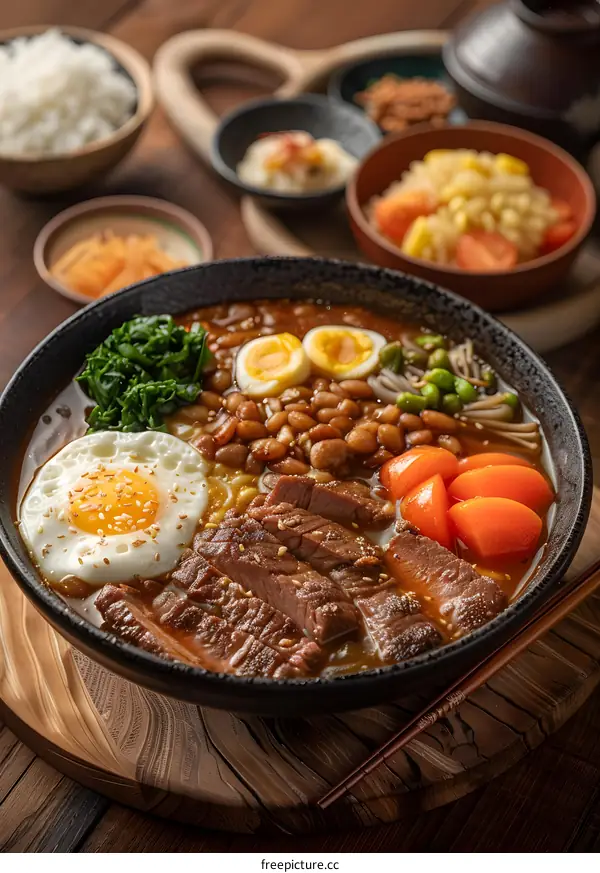 A delicious bowl of ramen with beef, eggs, and vegetables.