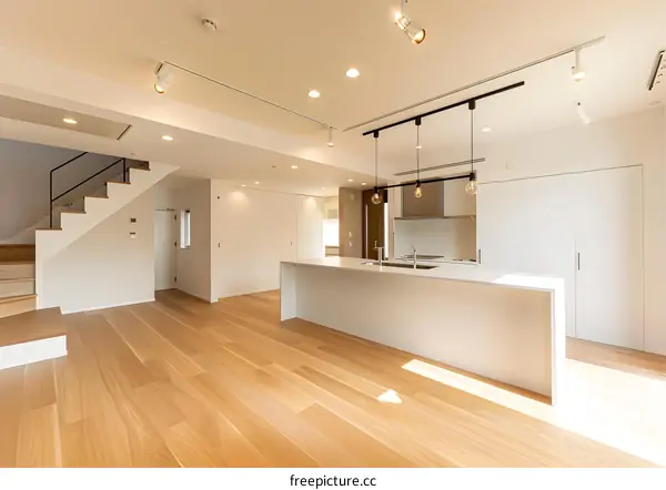 Modern Kitchen Island With White Cabinets And Wooden Flooring