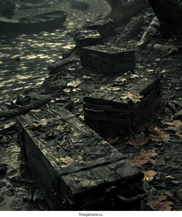 Wooden boxes on the shore of a lake