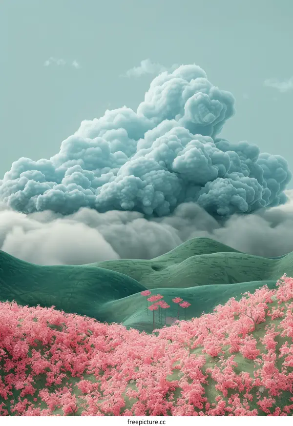 Dreamlike Landscape with Pastel Clouds and Blossoms