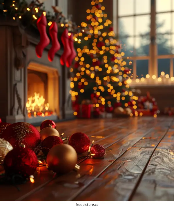 Christmas Fireplace Scene with Tree and Presents