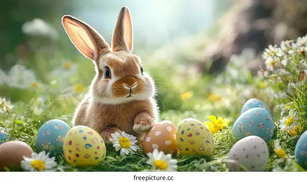 Adorable Easter Bunny Surrounded by Eggs and Flowers