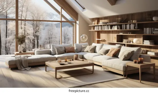 A cozy living room with a beautiful winter landscape view