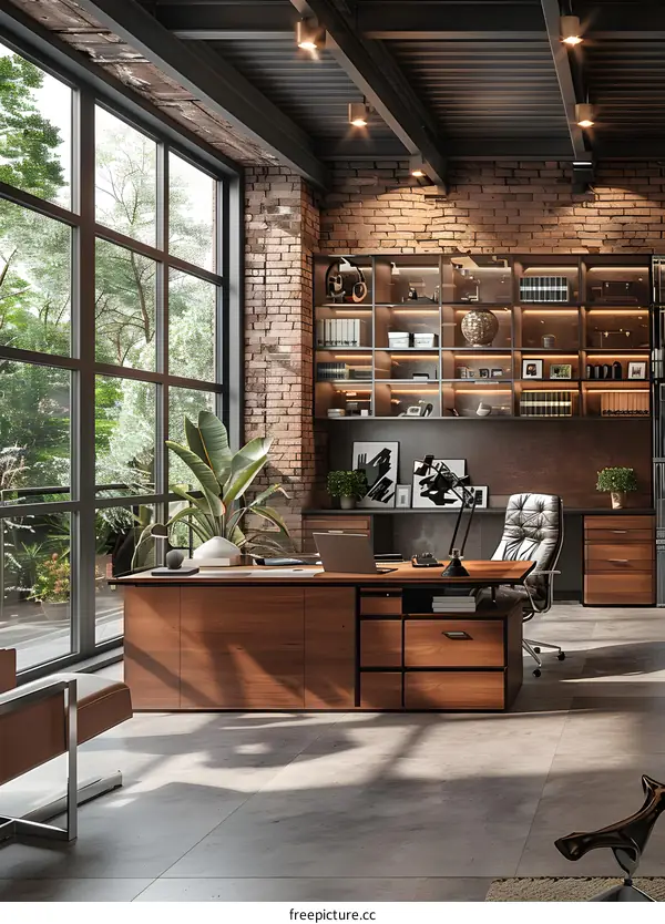 Modern office interior with brick wall and large windows