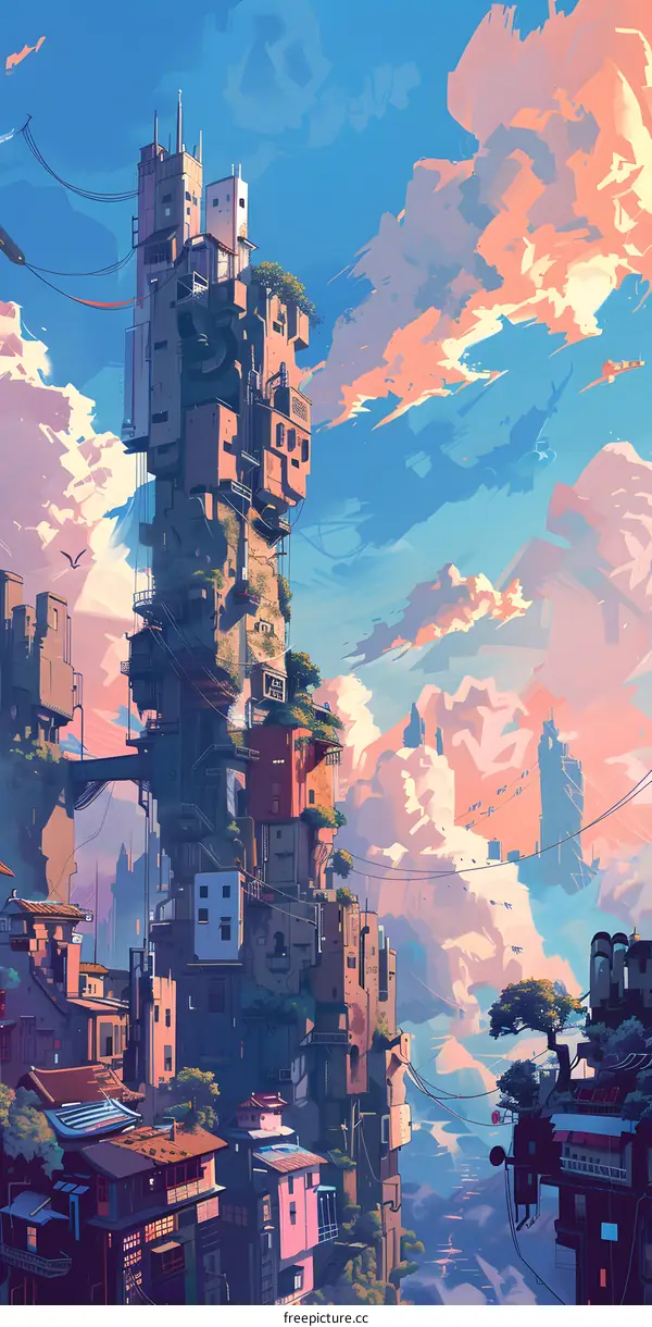 Fantasy Cityscape with Tall Buildings and Cloudy Sky