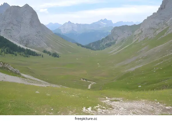 Mountain Valley Landscape with Green Grass and Rocks