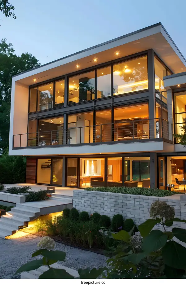 Modern House with Large Windows and Landscaped Yard