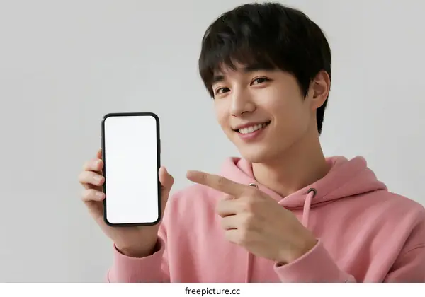 Young man holding a smartphone and pointing at it
