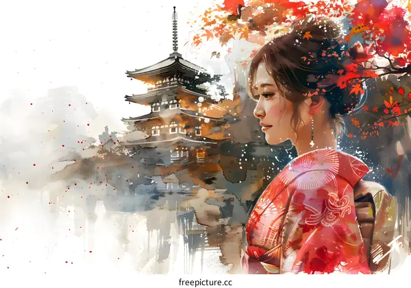 An Asian woman wearing a red kimono with a pagoda in the background