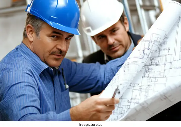Two Caucasian Architects Reviewing Building Plans