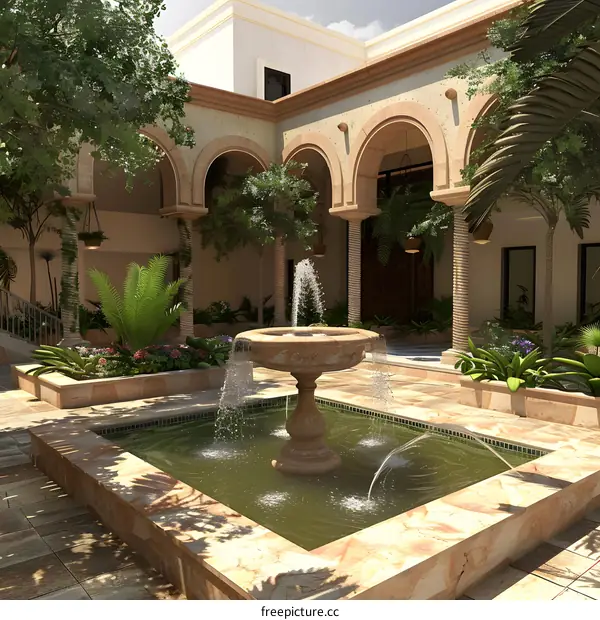Courtyard with Fountain and Arches