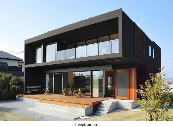 Modern Black House with Wooden Deck and Large Windows