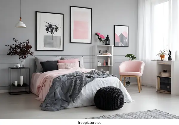 Modern Pink and Grey Bedroom Interior Design