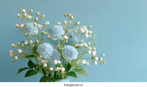 Delicate Blue and White Flower Arrangement Against a Light Blue Background