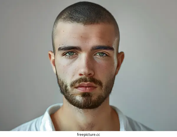Portrait of a Handsome Man with Short Shaved Hair and a Beard Looking at Camera