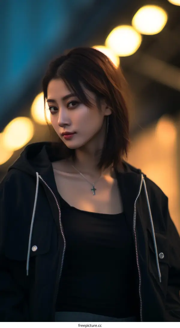 A young woman in a black hoodie looking at the camera with a serious expression