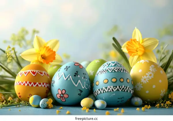 Colorful Easter Eggs and Daffodils