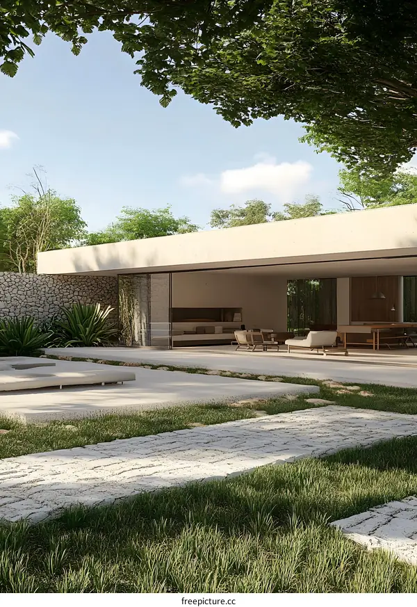 Modern Minimalist Home with Stone Wall and Patio