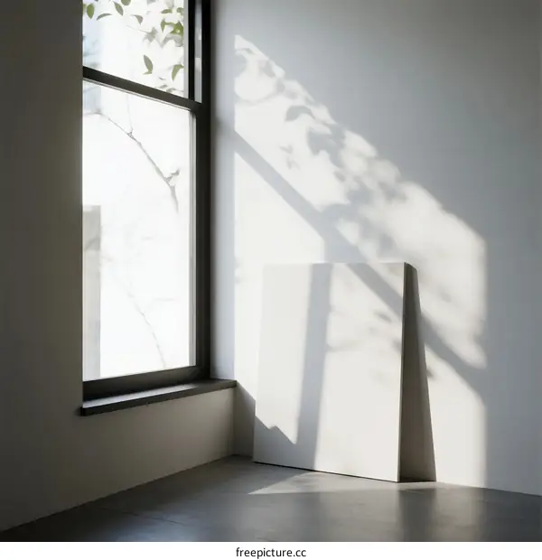 Minimalist interior space with natural light and blank canvas