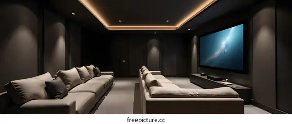 Modern Home Theater Room With Large Screen and Comfortable Seating