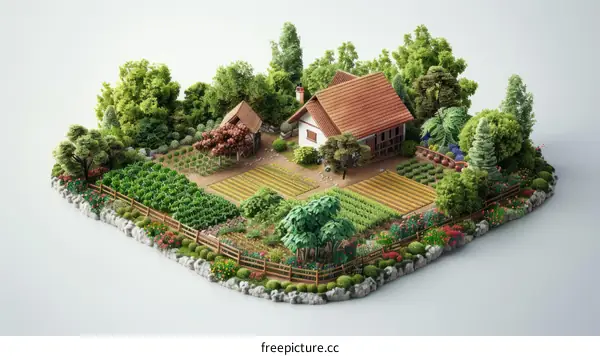 isometric view of a small farm with a house and vegetable garden