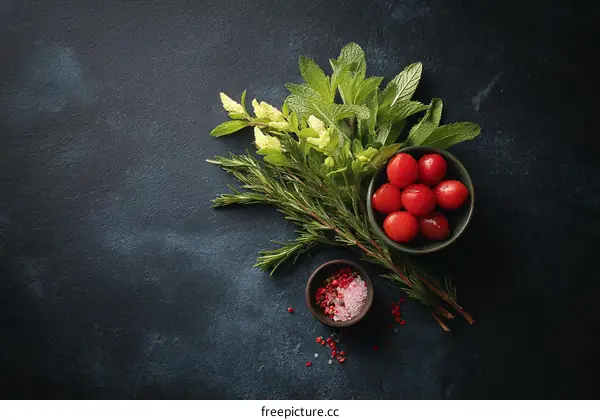 Fresh Herbs and Vegetables on Dark Background