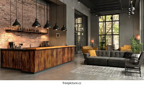 Industrial Style Loft Bar and Seating Area