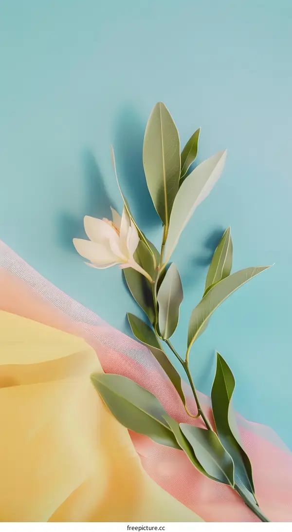 White Flower and Green Leaves on Pastel Colored Fabric