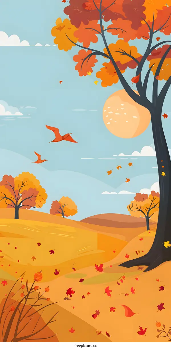 Autumn Landscape With Falling Leaves And Birds Flying
