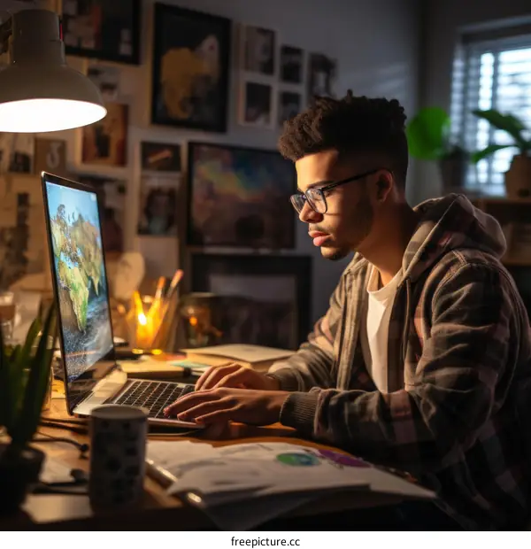 Young African-American male student using laptop computer at home