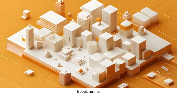 Abstract 3D Cityscape Illustration with White Buildings on Orange Background