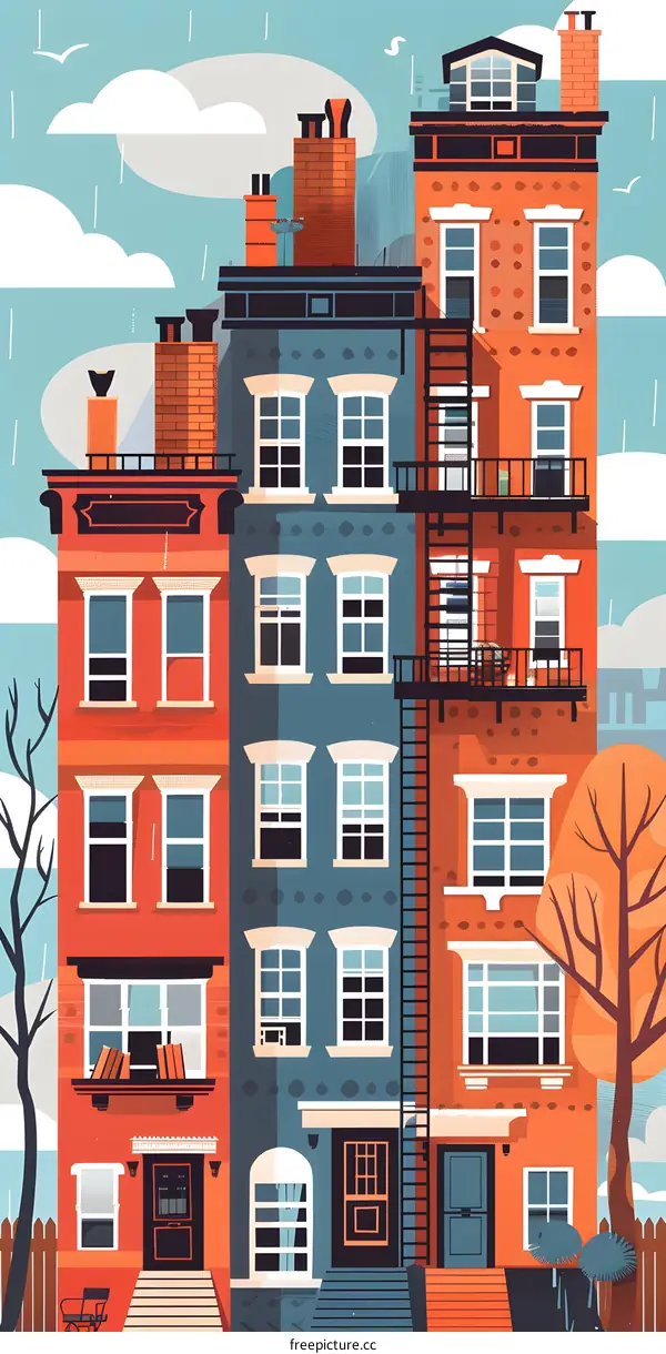 Colorful Illustration of Three Townhouses in the Rain