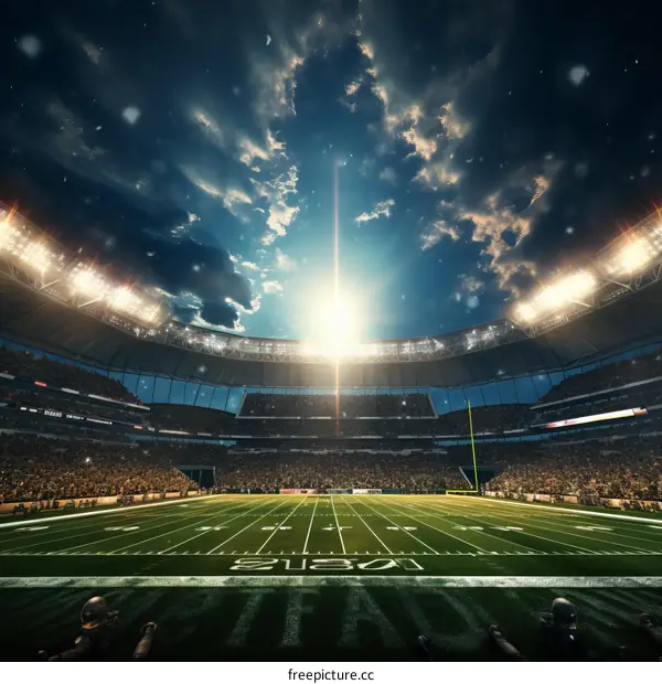 American Football Stadium with Empty Seats Lit by Bright Lights