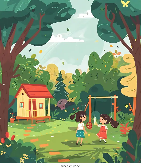 Two Girls Playing in the Backyard