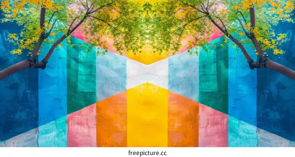 Colorful Geometric Street Art with Trees