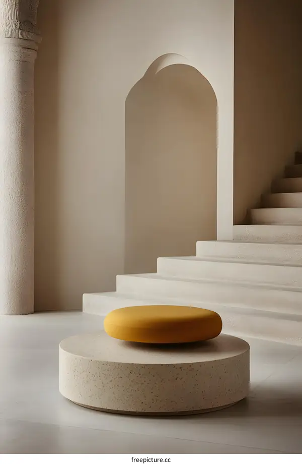 Modern Minimalist Interior Design With Yellow Stool And Stairs