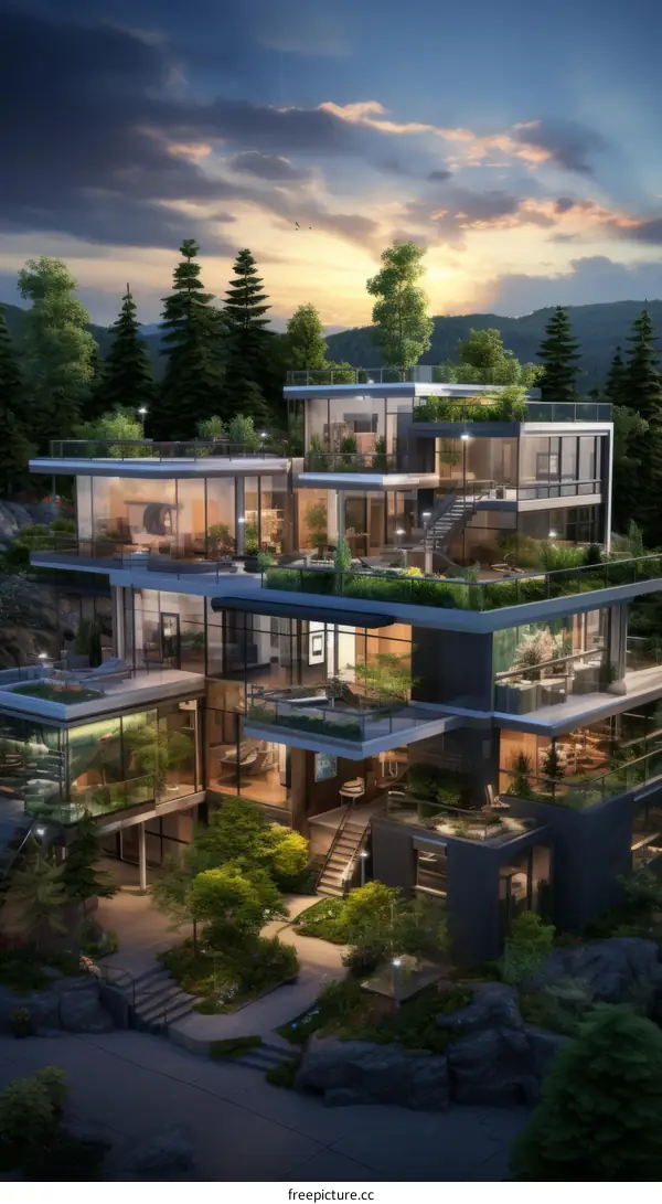 A modern luxurious house with a pool and a rooftop garden