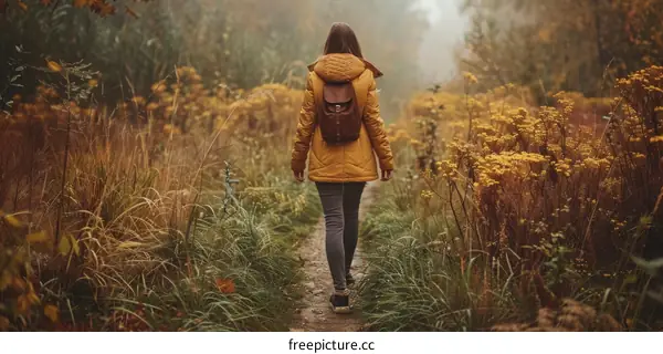 Young woman walking alone on a path in a field of tall grass