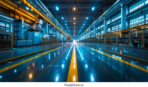 Blue factory interior with yellow lines on the floor