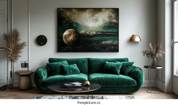 Modern Living Room Interior Design with Emerald Green Sofa and Abstract Painting