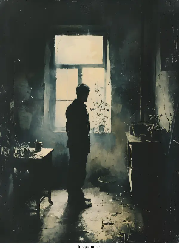 Silhouette of a Man Standing by a Window in a Dark Room
