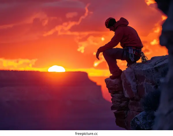 Climber on a Summit at Sunset