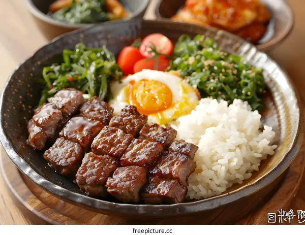Japanese Style Beef Rice Bowl with Fried Egg and Side Dishes