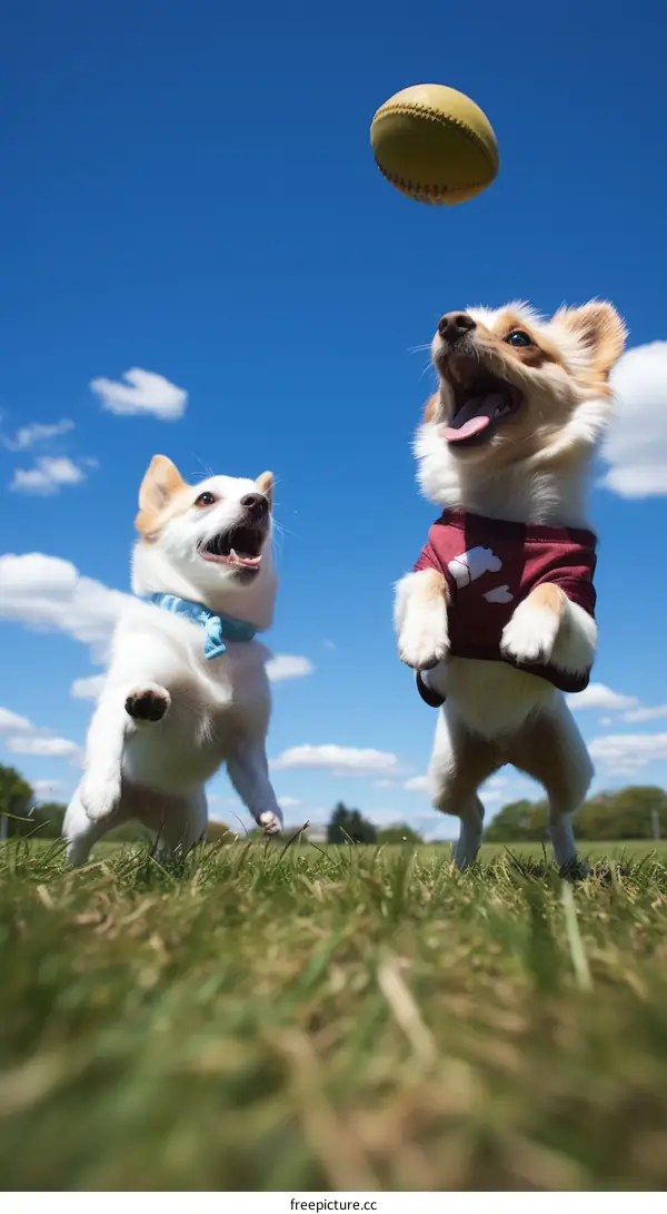 Two dogs are playing fetch in the park