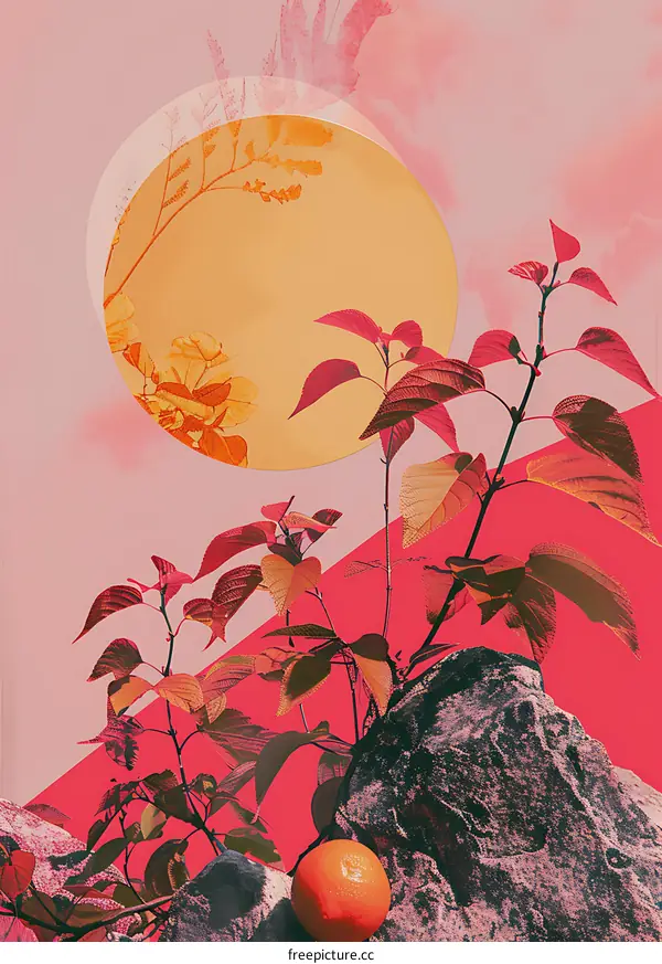 Red Leaves Collage with Orange Fruit and Pink Background