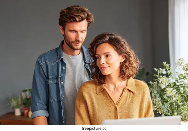 Couple Focused on Laptop in Cozy Interior